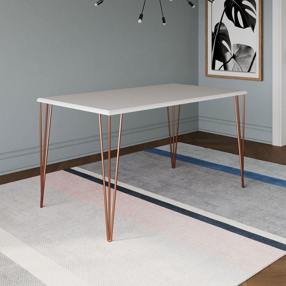 Mesa De Jantar Pés Hairpin Clips Elen 150x90cm Tampo Branco Com Base Cobre Branco