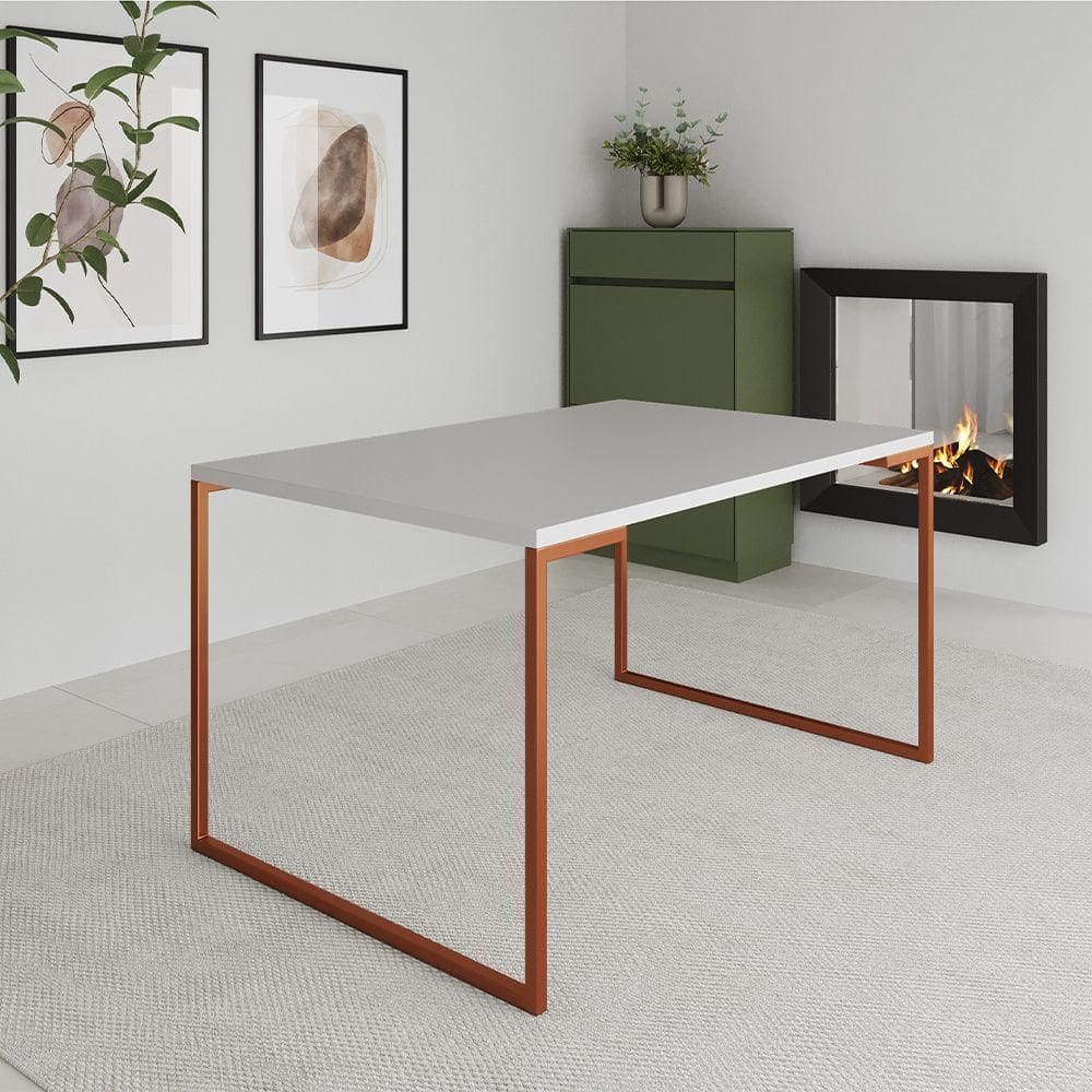 Mesa De Jantar Industrial Branca Manchester Com Base Cobre Branco