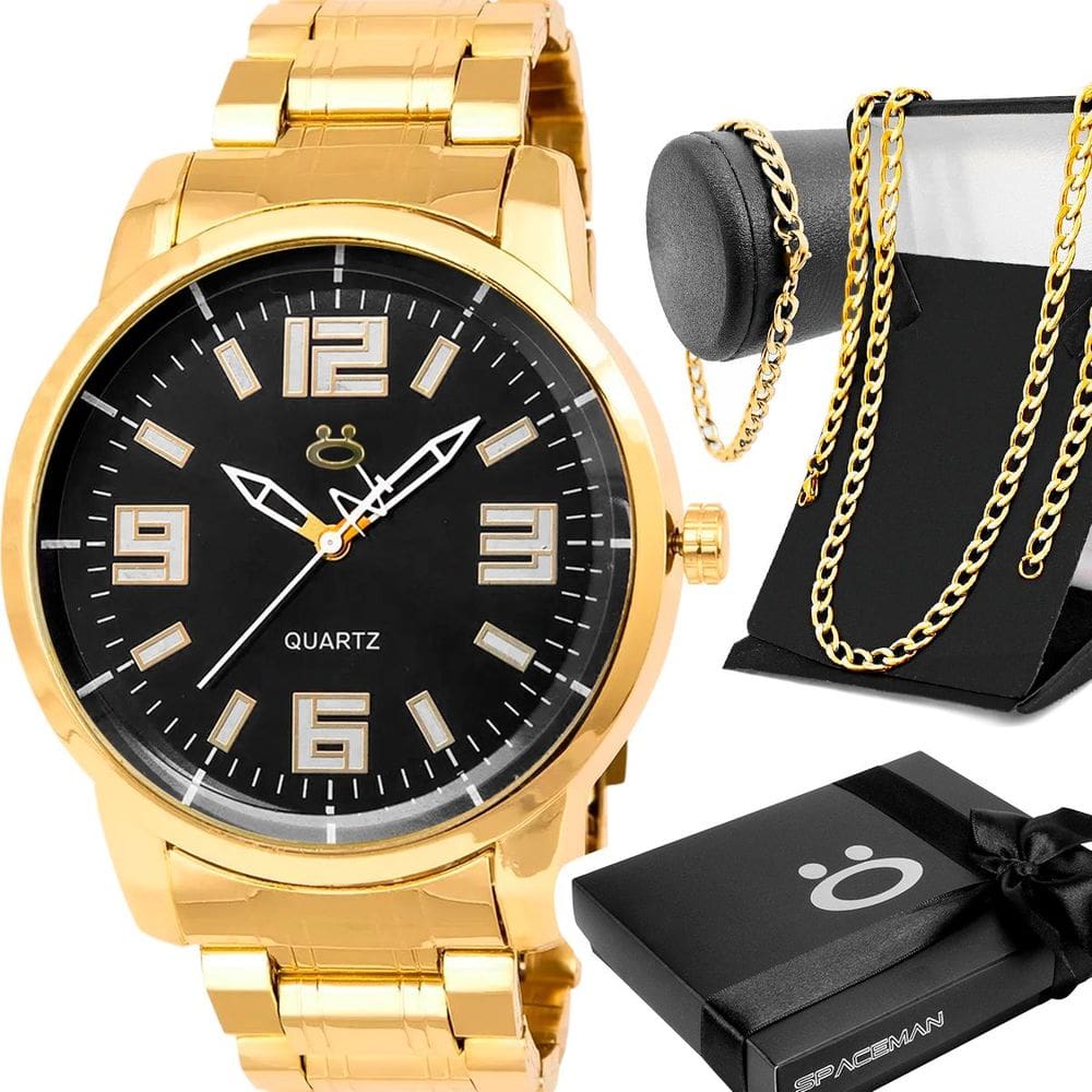 Relógio Prata Masculino Aço Inóx + Cordão + Pulseira + Caixa Ponteiro Mostrador Preto Robusto Social