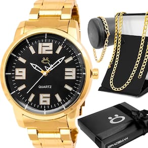 Relógio Prata Masculino Aço Inóx + Cordão + Pulseira + Caixa Ponteiro Mostrador Preto Robusto Social