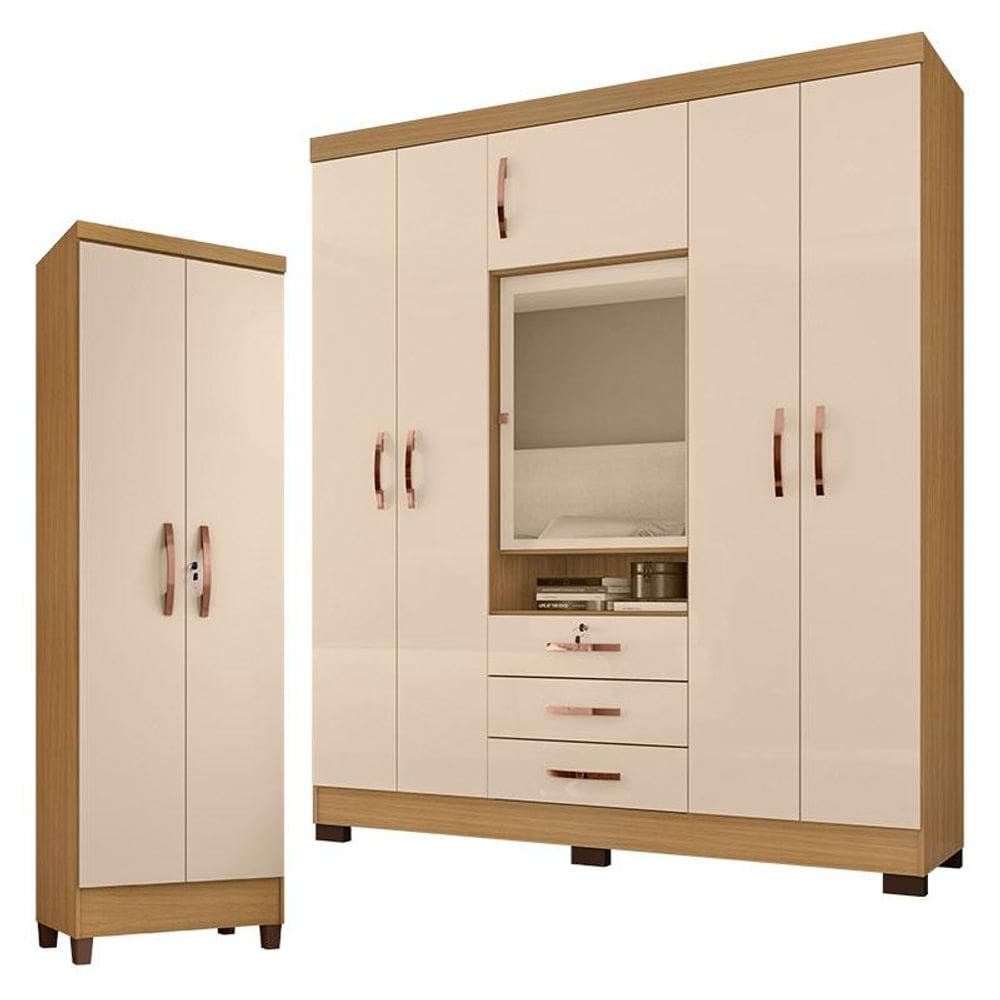 Guarda Roupa Casal Imperial com Armário Multiuso Egito Carvalho Americano Off White - Incorplac
