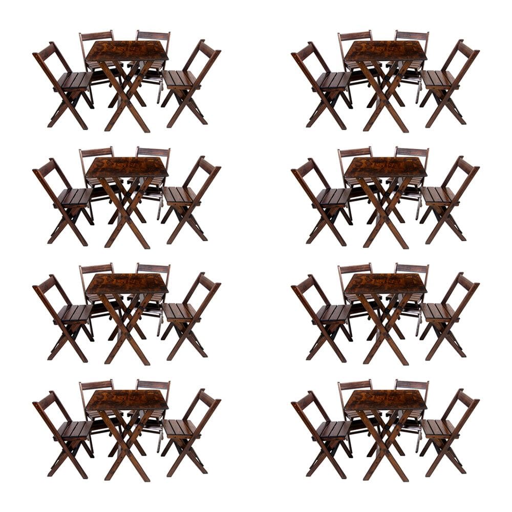 Kit 8 Conjuntos Mesa Dobrável 70x70cm Para Bar Com 4 Cadeiras Em Madeira Maciça - Imbuia