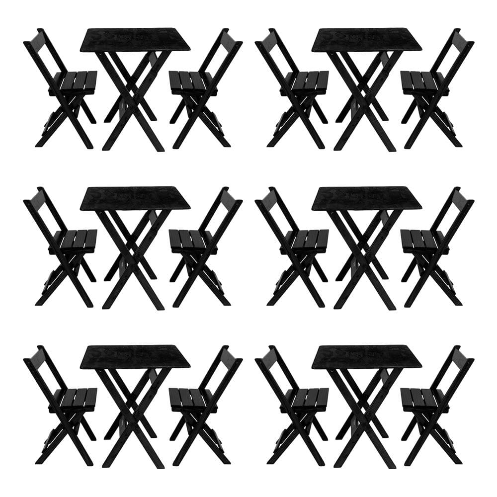Kit 6 Conjuntos Mesa Dobrável Para Bar E Restaurante 60x60cm Com 2 Cadeiras Em Madeira Maciça - Pret