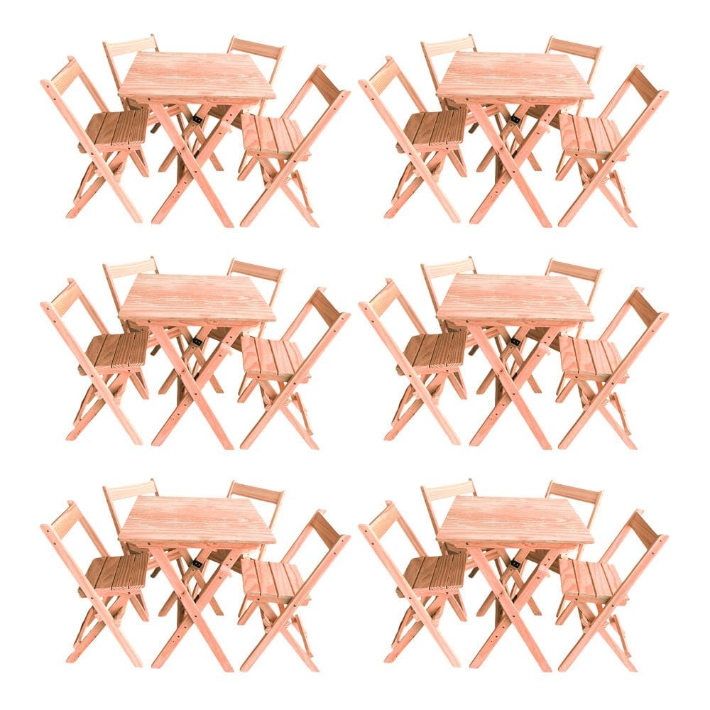 Kit 6 Conjuntos Mesa Dobrável 70x70cm Para Bar Com 4 Cadeiras Em Madeira Maciça - Cru
