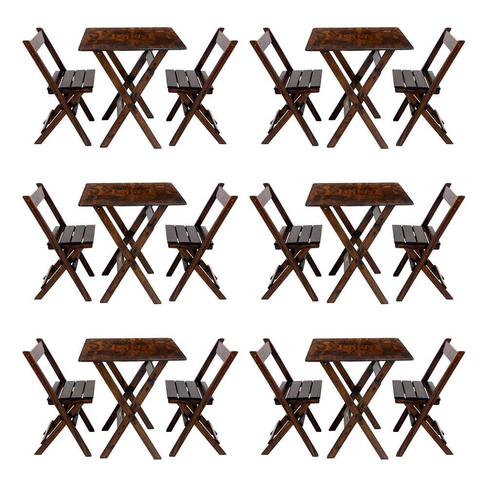 Kit 6 Conjuntos Mesa Dobrável Para Bar E Restaurante 60x60cm Com 2 Cadeiras Em Madeira Maciça - Imbu