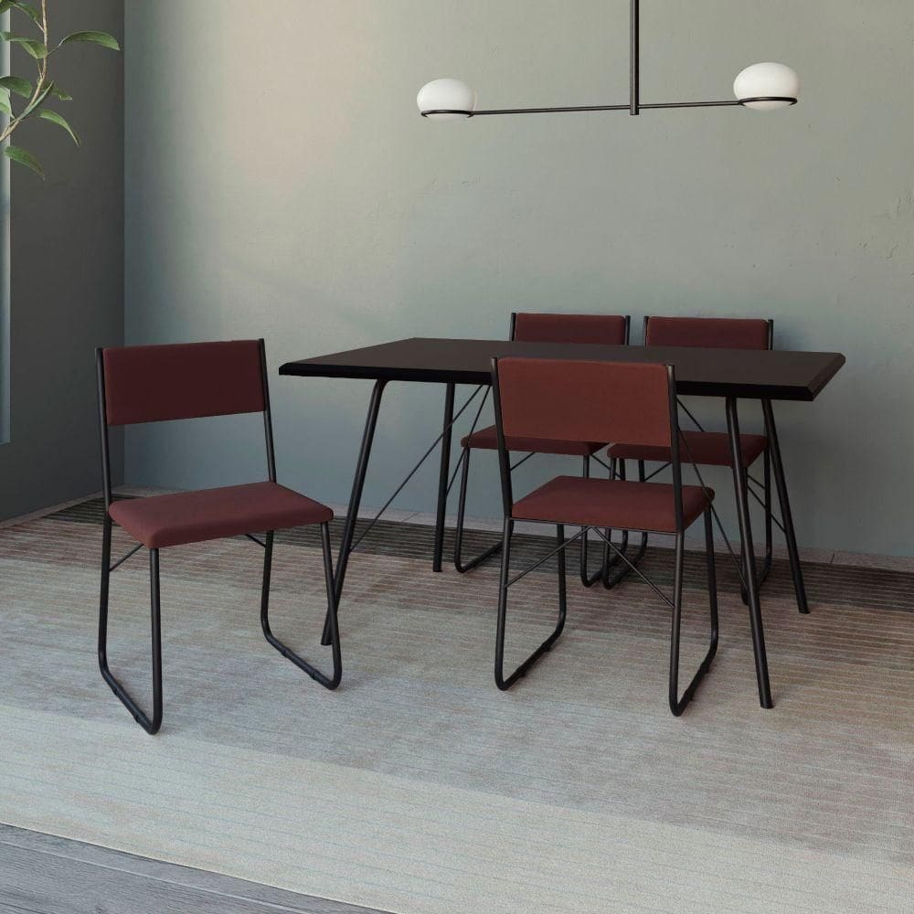 Mesa Jantar Paraty 120cm Tampo Preto Com 4 Cadeiras Angra Estofadas Preta E Marrom Preto