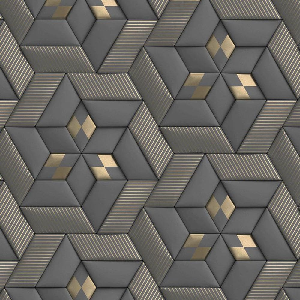Papel De Parede 3D Cinza E Dourado Geometrico Autocolante