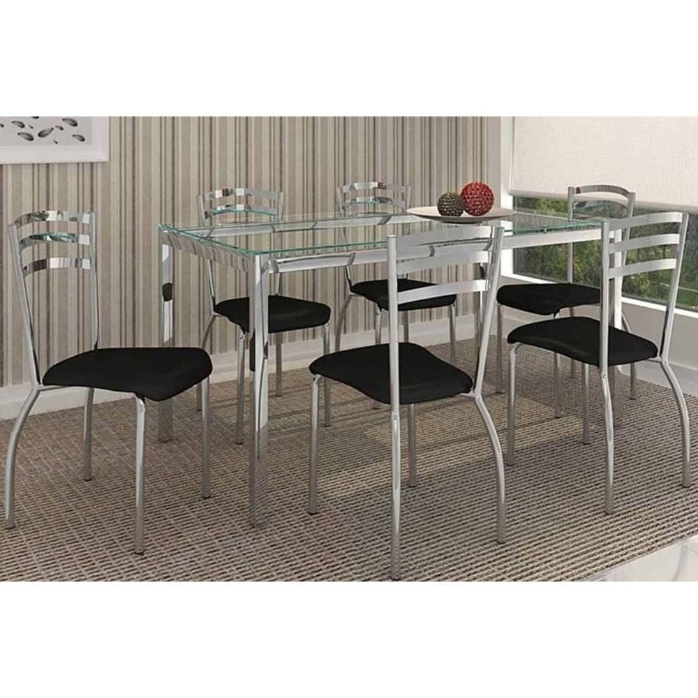 Sala de Jantar Completa Reno c/ Tampo de Vidro 150x80cm e 6 Cadeiras Portugal Cromada/Preto 110 - Kappesberg