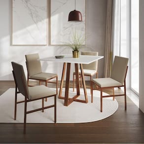 Conjunto De Jantar Mesa Mônaco 90cm Tampo Branco Com 4 Cadeiras Bege Base Cobre Preto