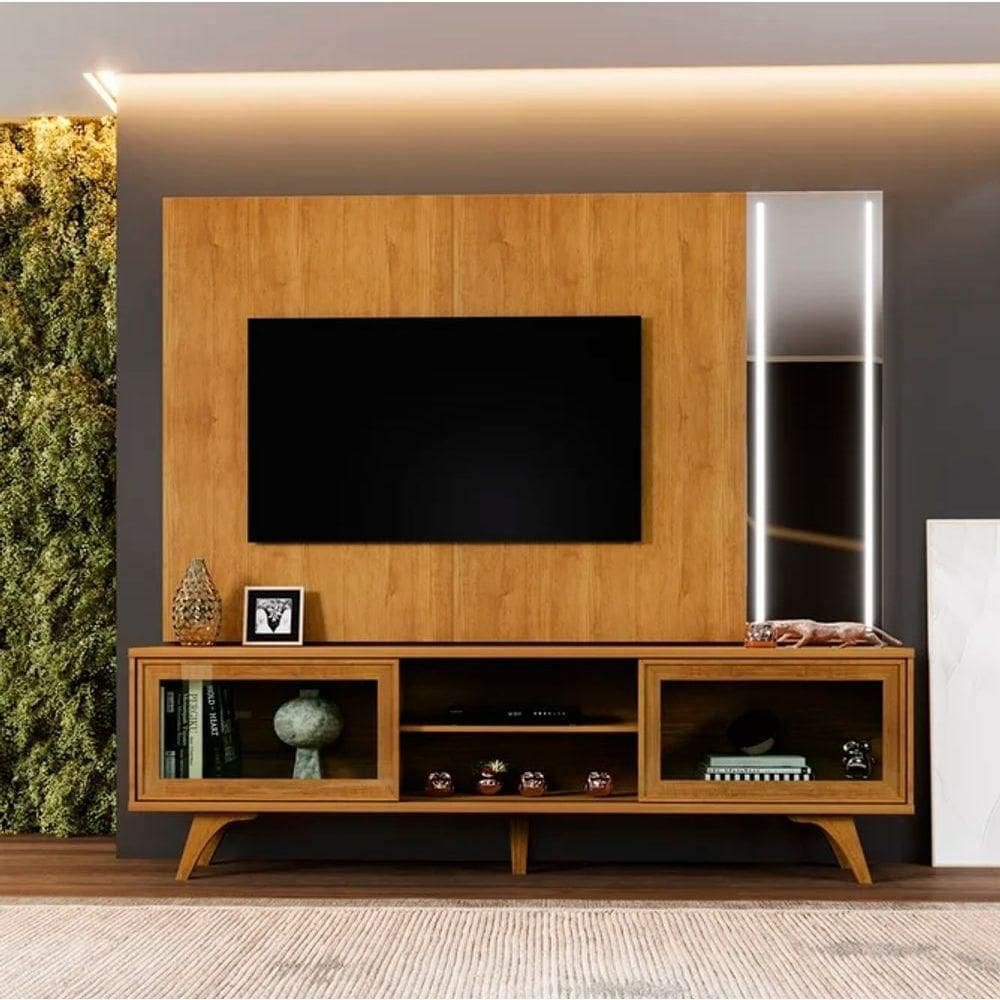 Painel E Rack Vitrum Com Espelho Led E Pés Naturalle - Mavaular
