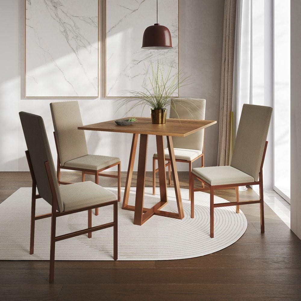 Conjunto De Jantar Mesa Mônaco Premium 90cm Imbuia Com 4 Cadeiras Estofadas Bege Base Cobre Preto