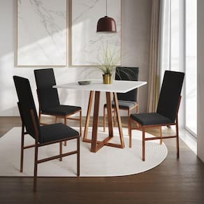 Conjunto De Jantar Mesa Mônaco Premium 90cm Branca Com 4 Cadeiras Estofadas Pretas Base Cobre Preto