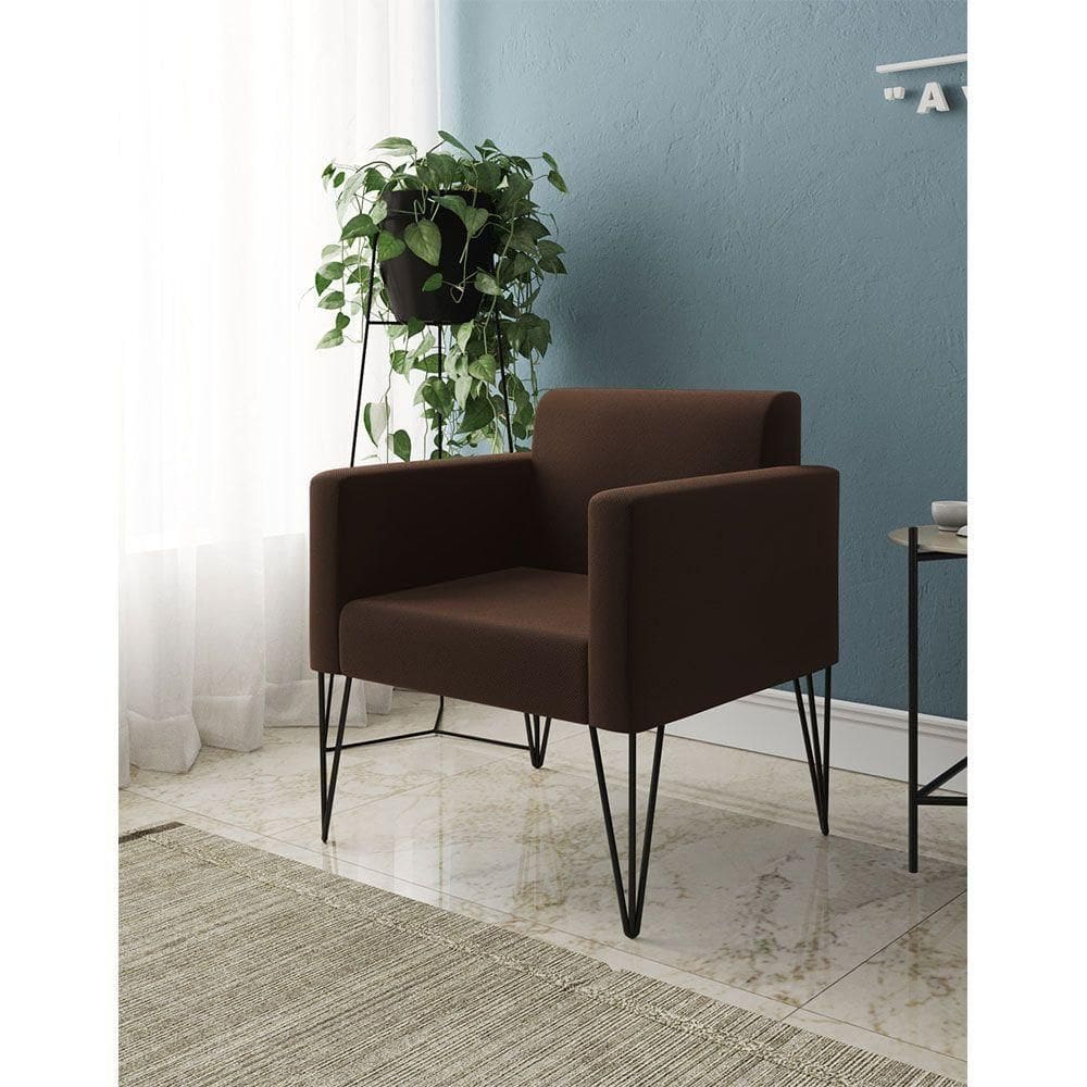 Poltrona Decorativa Turim Pés Hairpin Preto Tecido Suede Marrom