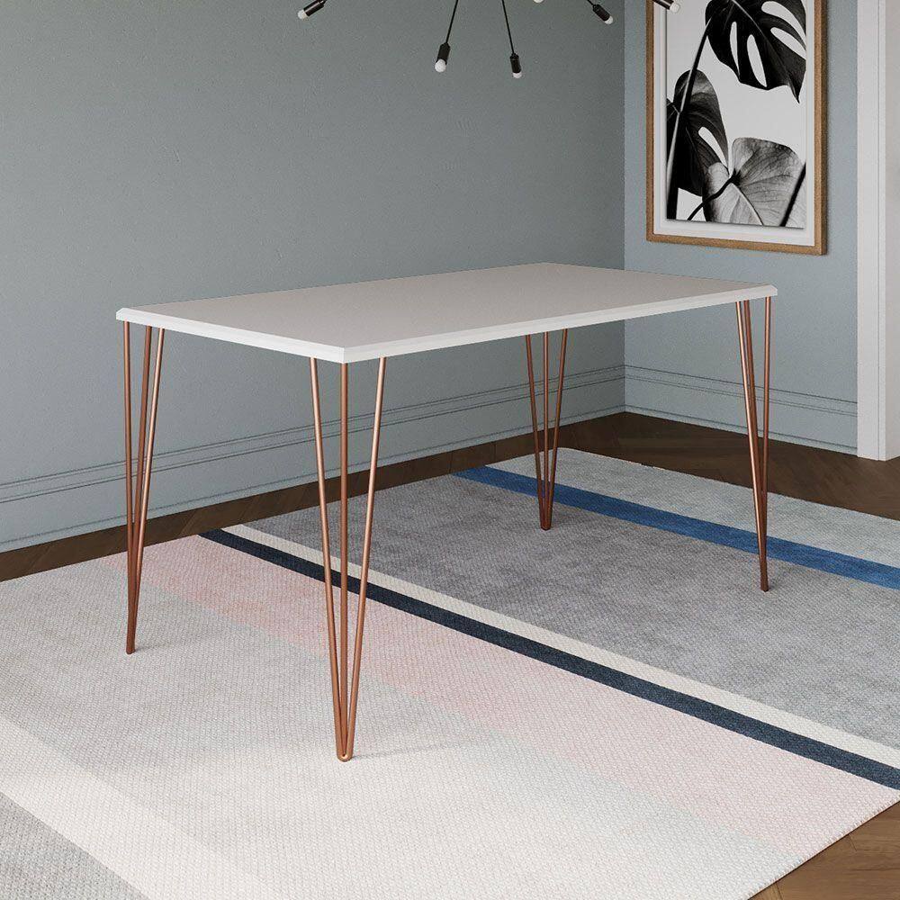 Mesa De Jantar Elen 140x80cm Tampo Branco Com Base Cobre Branco