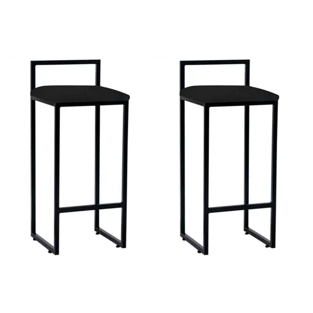 Kit 2 Banquetas Alta Industrial Premium Bar Cozinha Bistrô Aço Dori Preta Assento Corino Preto