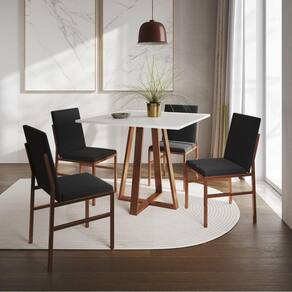 Conjunto De Jantar Mesa Mônaco 90cm Tampo Branco Com 4 Cadeiras Pretas Base Cobre Preto