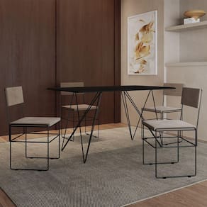 Mesa Jantar Industrial Trama 1,40x0,80m Preta Com 4 Cadeiras Estofadas Vitória Bege E Preta Marrom