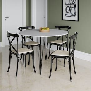 Mesa Jantar Redonda Branca Elen 110cm Hairpin Com 4 Cadeiras Katrina Preta Branco