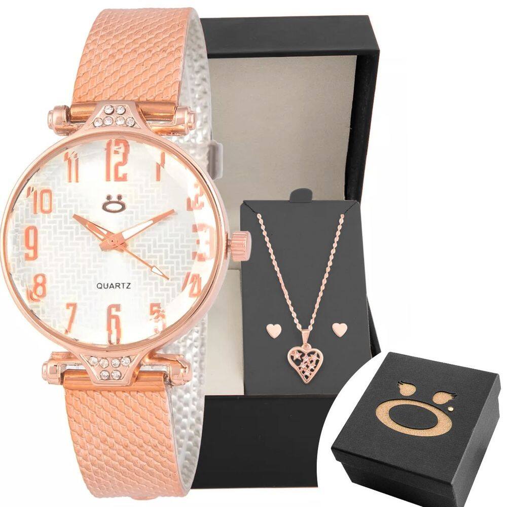Relógio Feminino Rose Aço + Brinco Colar Coração Caixa Banhado Social Presente Ponteiro