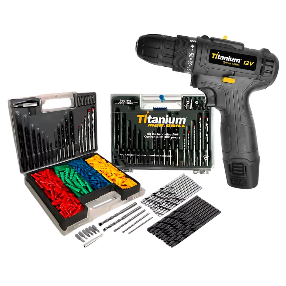Parafusadeira 1,2Ah 12v T12 Special Edition Preto + Kit de Brocas Soquetes Bits Bucha Com 300 Peças Titanium