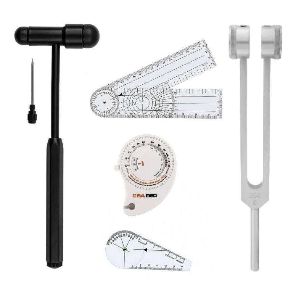 Kit Martelo Buck Preto + Trena Com IMC Retrátil + Diapasão 256hz + Goniometro Pequeno E Grande