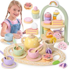 Conjunto de festa de chá Lonico Wooden com suporte de cupcake para meninas de 3 a 6 anos