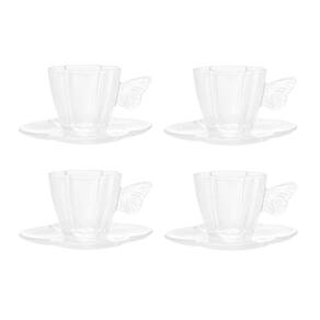 Cj 4 Xícaras P/Chá C/Pires de Vidro Borboletas Transparente 180ml Wolff