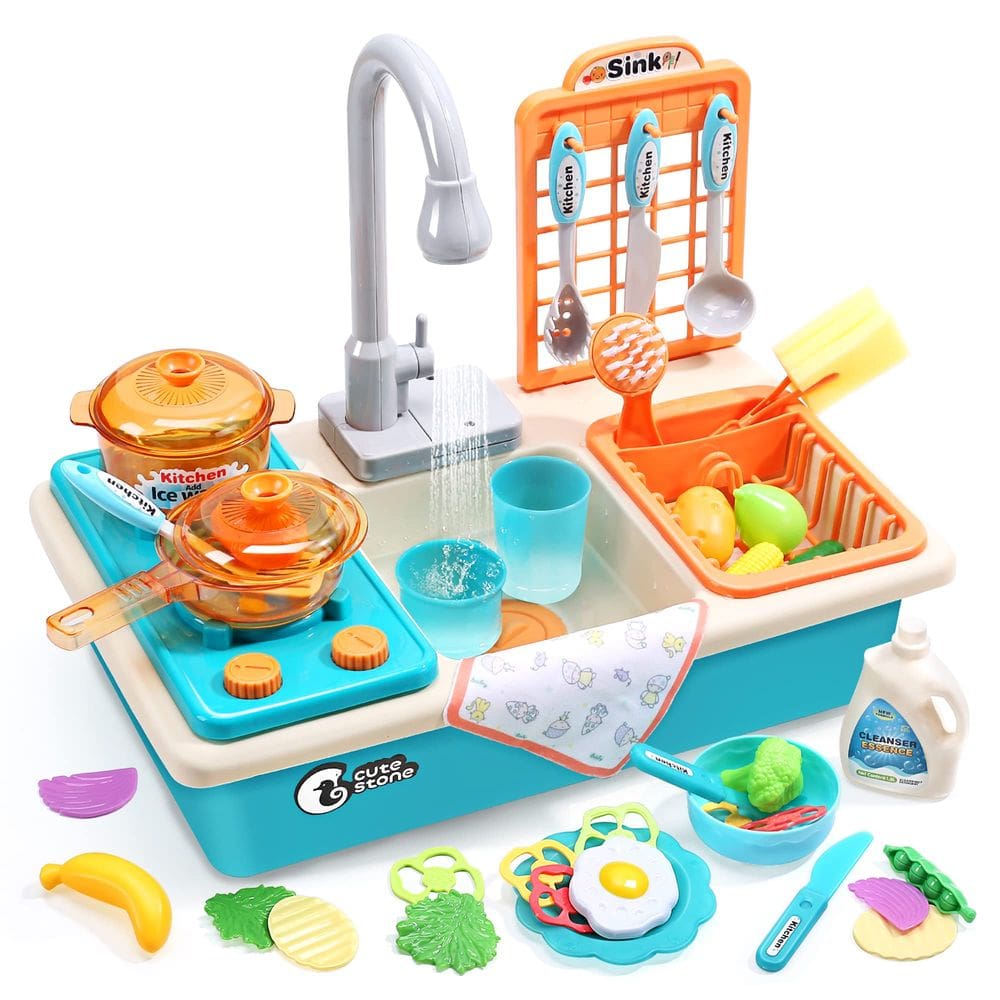 Brinquedos de pia de cozinha Play CUTE STONE com torneira, fogão e utensílios de cozinha