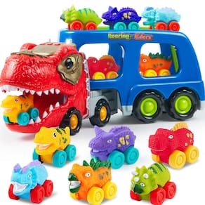 Brinquedo de caminhão transportador de carros de dinossauro JOYIN com 6 bonecos de dinossauro