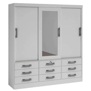 Guarda Roupa 3 Portas 9 Gavetas com Espelho Meridian D Doro Cor Branco
