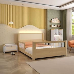 Cama Casal Montessoriana Reversível, Estante 4 Nichos em LED e Sapateira 1 PT Infantil Wave Casatema Branco / Natural