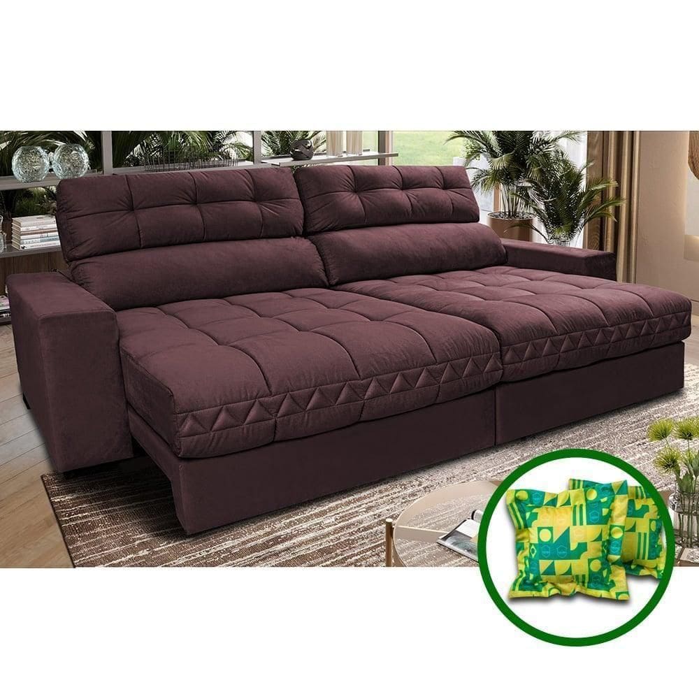 Sofá Retrátil E Reclinável 2,72m Molas Ensacadas Cama Inbox Brasil Velusoft Vinho