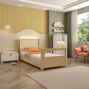 Cama Solteiro Montessoriana Reversível,Estante 4 Nichos e LED, Sapateira 1 PT Infantil Wave Casatema Branco/Natural