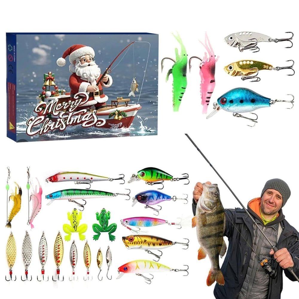 Calendário do Advento: contagem regressiva de pesca e Natal com conjunto de iscas
