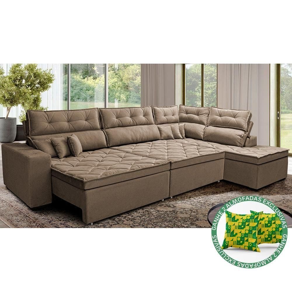 Sofá De Canto Retrátil E Reclinável Direito 3,00x2,36m Molas Cama Inbox Espanha Velusoft Castor