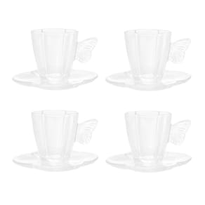 Cj 4 Xícaras P/Café C/Pires de Vidro Borboletas Transparente 80ml Wolff