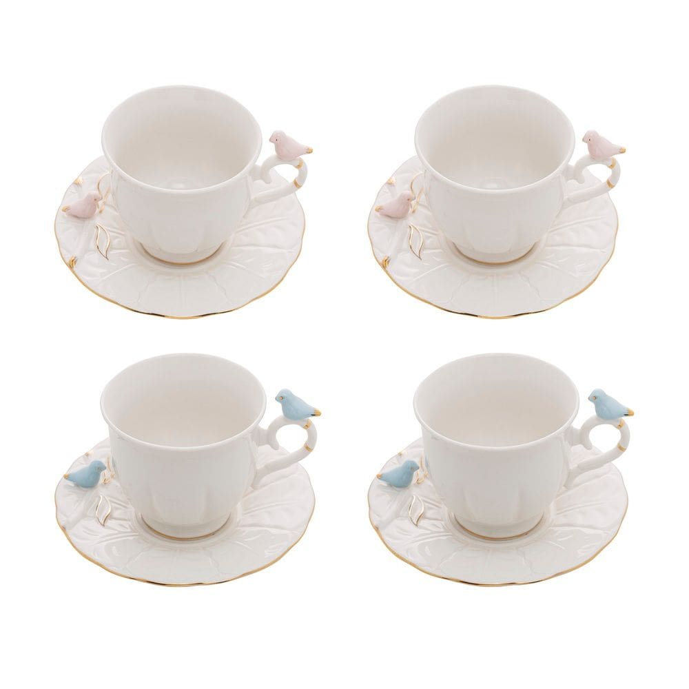 Cj 4 Xícaras P/Chá C/Pires de Porcelana Branca Birds Design Plate Colorido 200ml Wolff