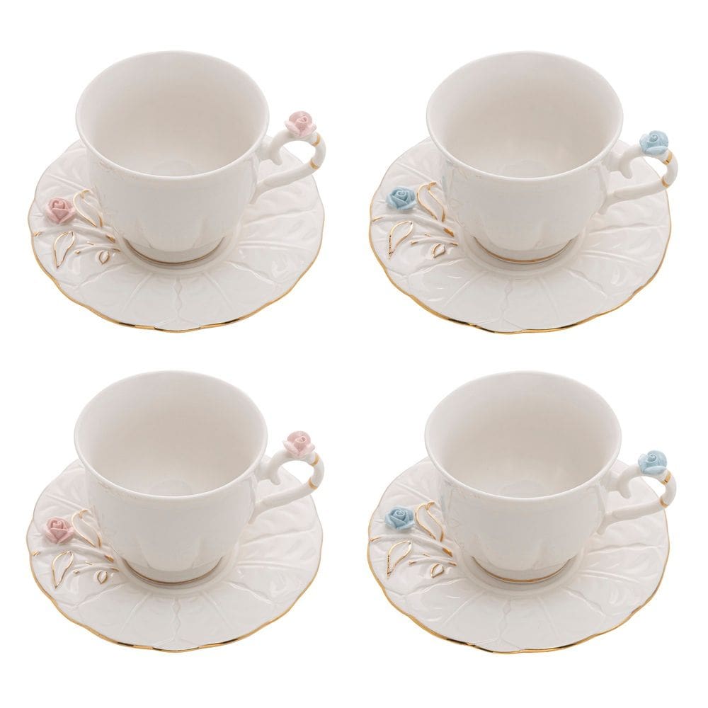 Cj 4 Xícaras P/Chá C/Pires de Porcelana Branca Flower Design Plate Colorido 200ml Wolff