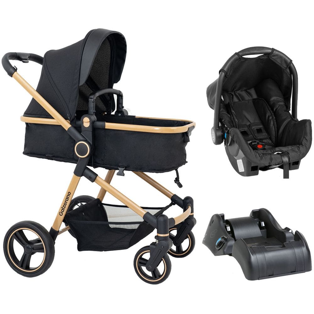 Carrinho de Bebê Galzerano Ivy TRIO 3 em 1 Berço Passeio Moisés com Bebê Conforto e Base Carro Travel System 15 Kg Preto Dourado Gold Fecha Uma Mão