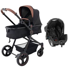 Carrinho de Bebê Galzerano Ivy DUO Berço Passeio Moisés com Bebê Conforto Travel System Reclinável Leve Viagem 15 Kg Preto Caramelo Fecha com Uma Mão