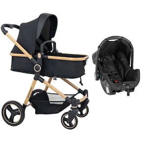 Carrinho de Bebê Galzerano Ivy DUO Berço Passeio Moisés com Bebê Conforto Travel System Reclinável Viagem 15 Kg Preto Dourado Gold Fecha com Uma Mão