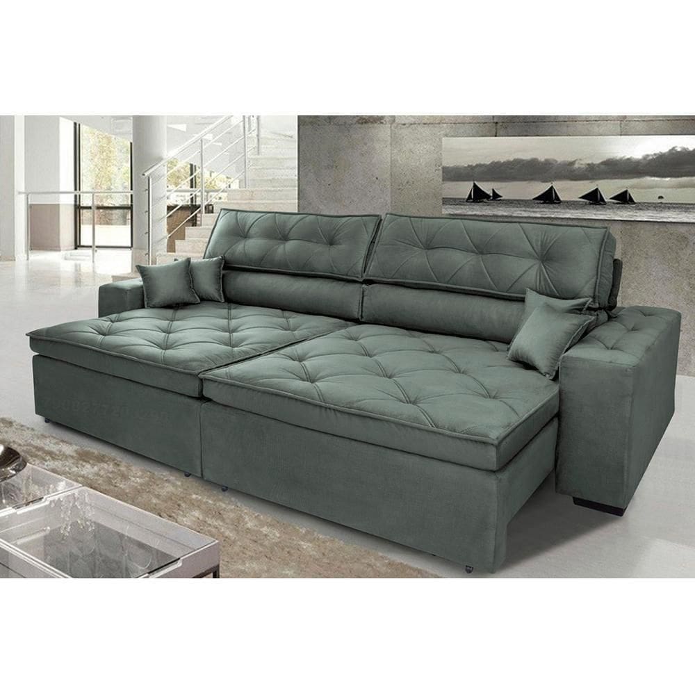 Sofá Austin 3,02m Retrátil, Reclinável Com Molas No Assento E Almofadas, Suede Grafite Cama Inbox