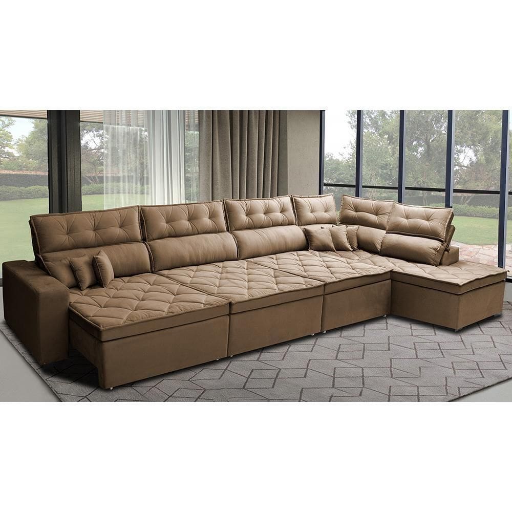 Sofá De Canto 4,80x2,36m Retrátil E Reclinável Com Molas Cama Inbox Platinum Direito Suede Castor