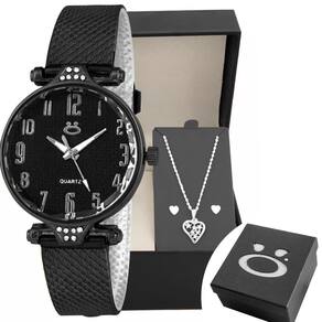Relógio Feminino Preto + Brincos Colar Coração + Caixa Qualidade Premium Ponteiro Silicone Ajustável