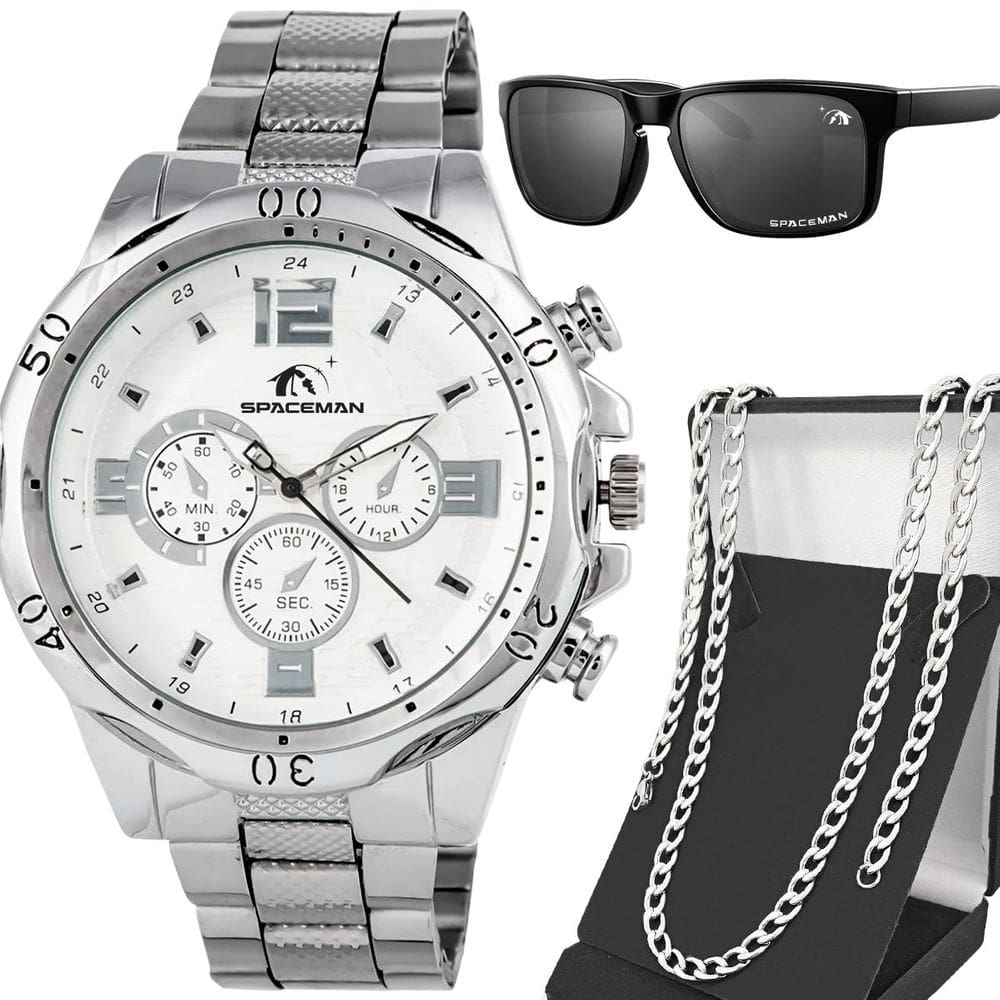 Relógio Masculino Prata Aço Inoxidável + Cordão + Óculos Sol Social Grumet Inoxidável Proteção UV