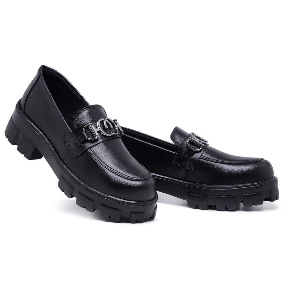 Mocassim Feminino Preto Couro Conforto Sola Tratorada Moderno