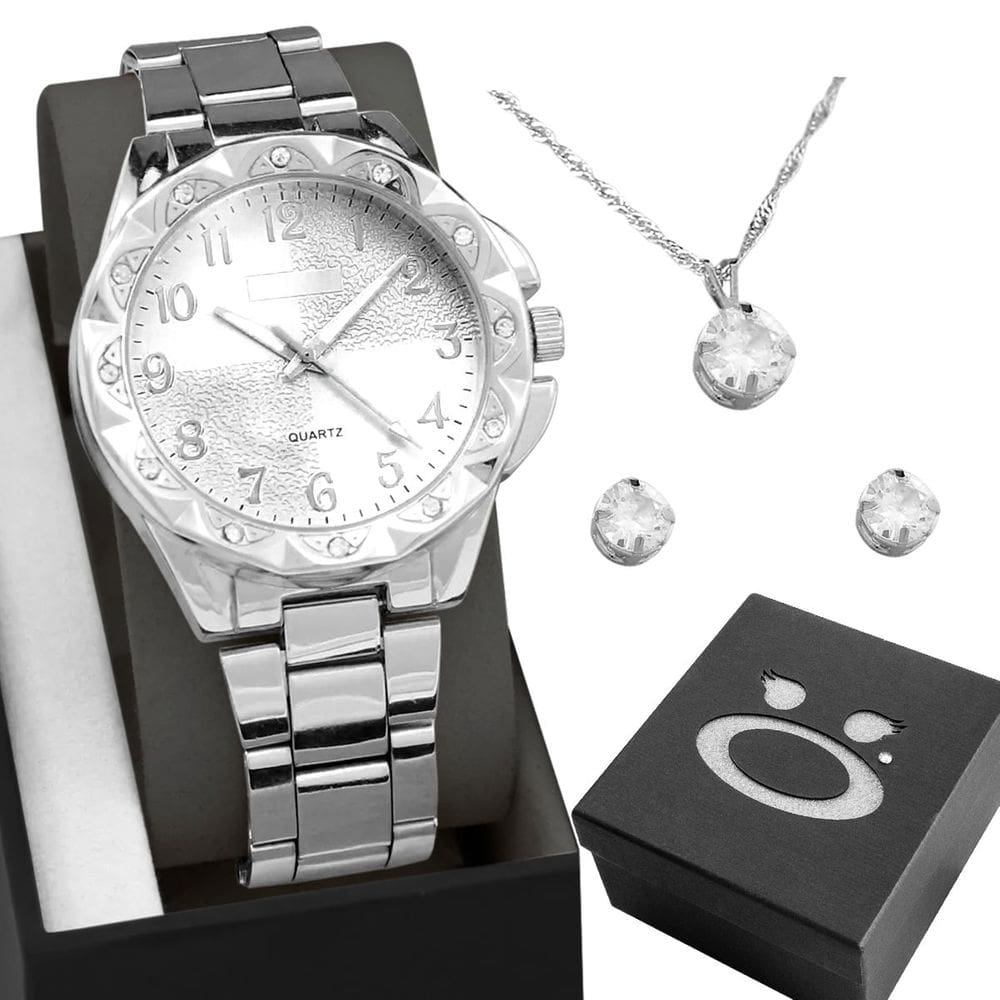 Relógio Feminino Prata Aço + Brincos Colar Strass + Caixa Casual Qualidade Premium Ponteiro