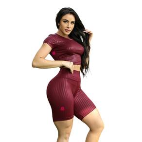 Conjunto Bermuda e Cropped Básico Poliéster Fitness Feminino