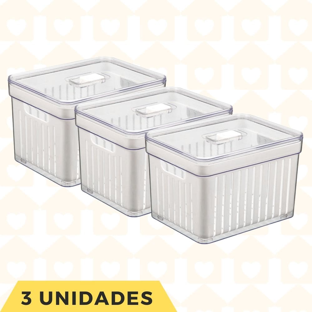 3 Organizadores Alto Retangular com Tampa e Cesta Legumes
