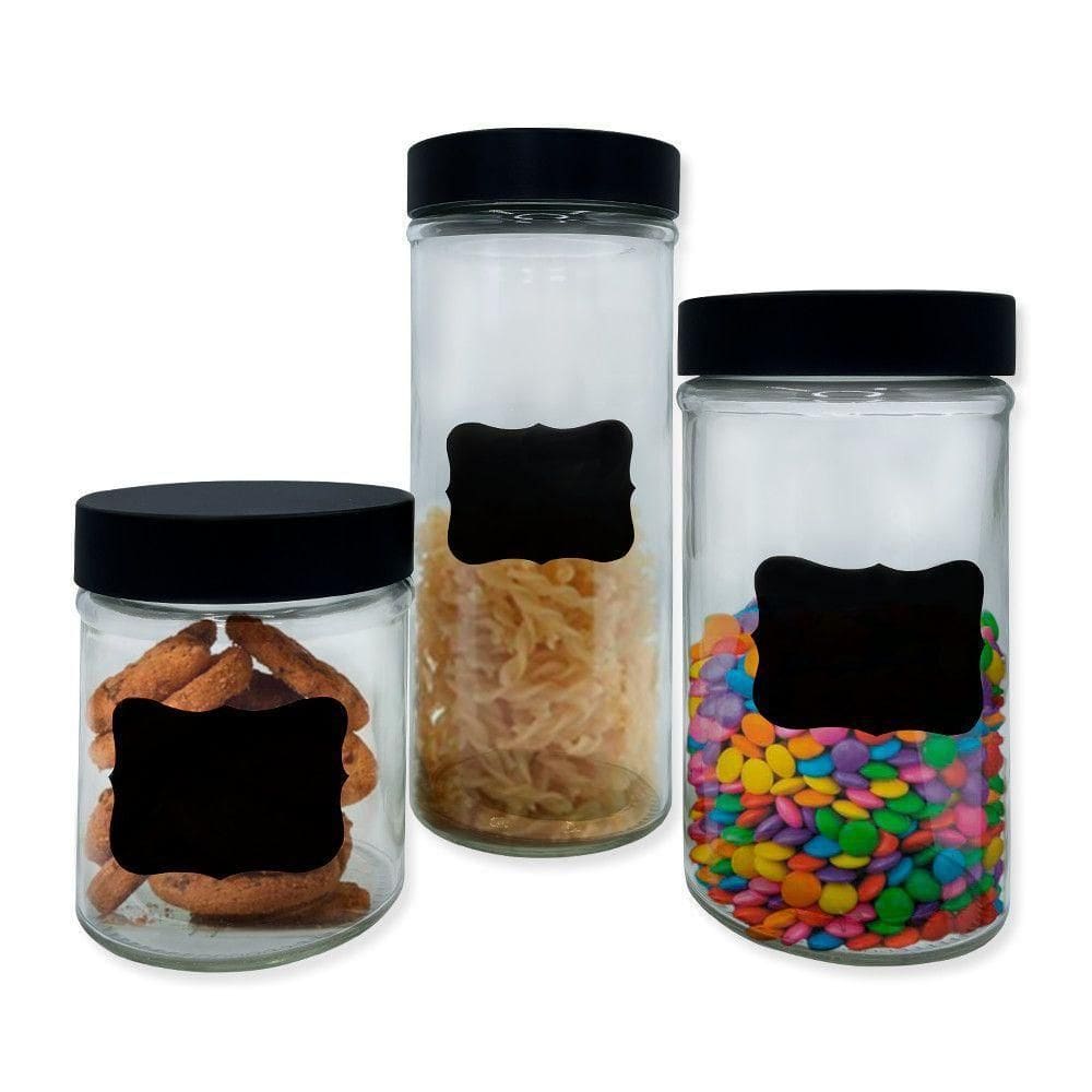 Conjunto 3 Potes Vidro Com Tampa E Adesivo Lousa P- Escrever